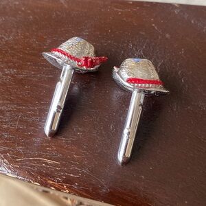 Vintage fedora hat, chrome cufflinks with red ribbon